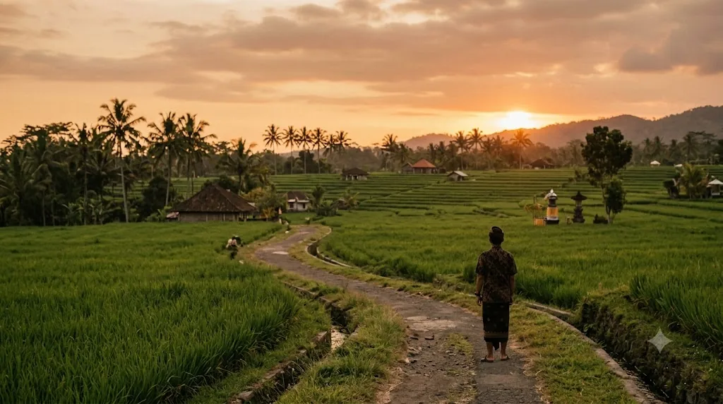 Jalan kecil di sawah Bali saat matahari terbenam