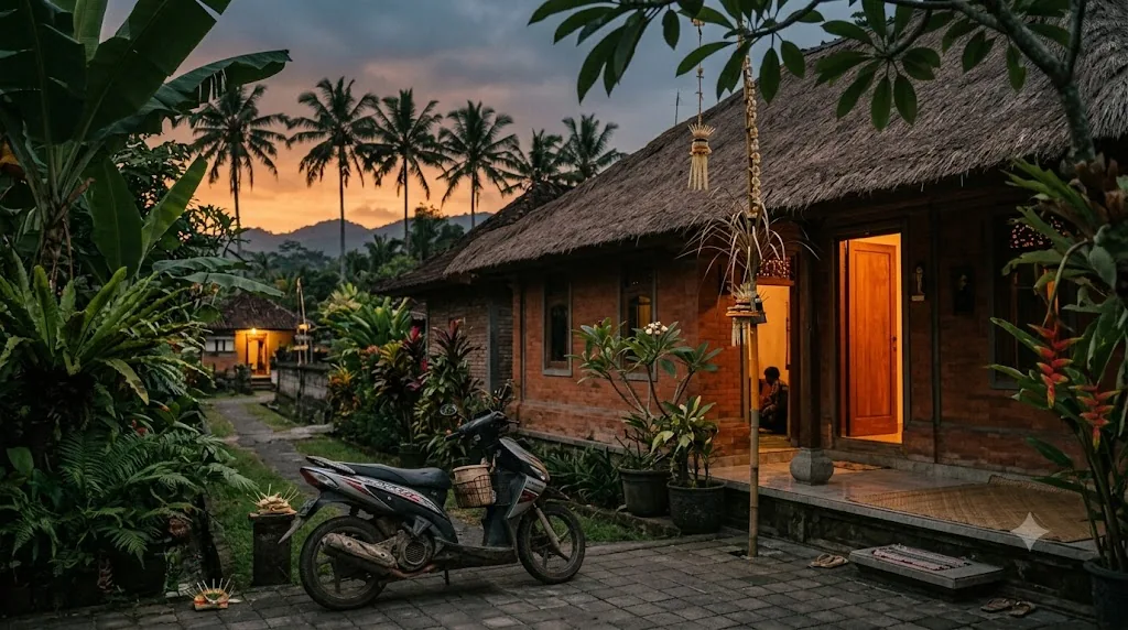 Rumah keluarga di Bali dengan cahaya hangat di sore hari