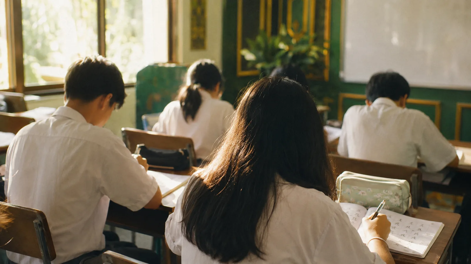 Siswa belajar di kelas dengan cahaya pagi