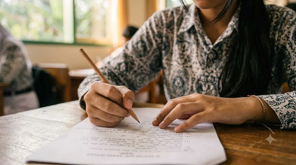 Tangan siswa menulis di kertas ujian