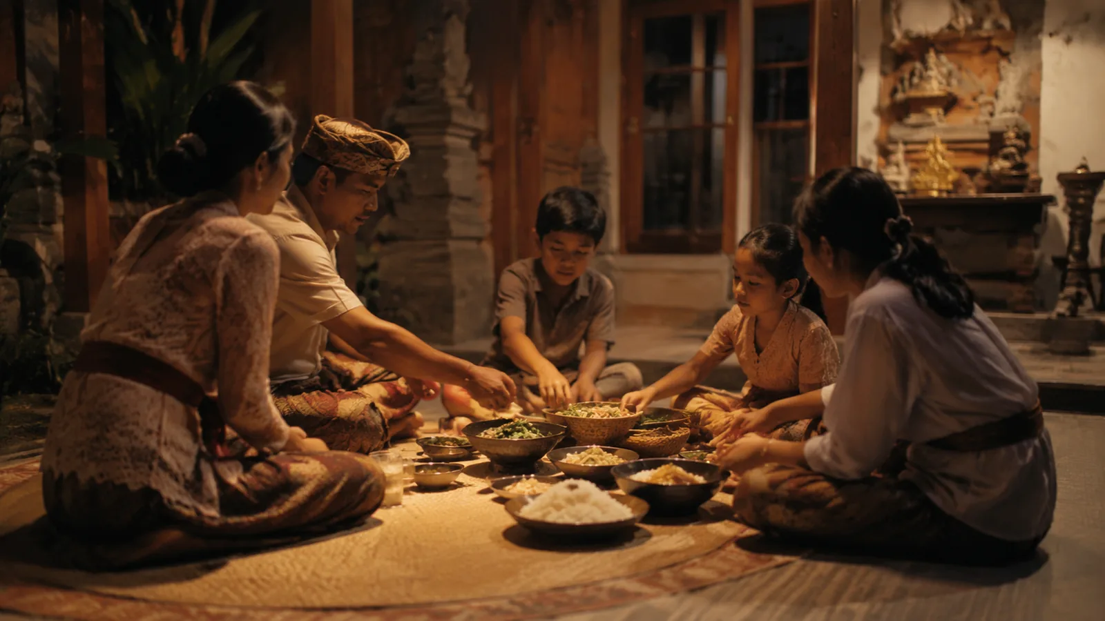 Keluarga makan bersama di rumah Bali