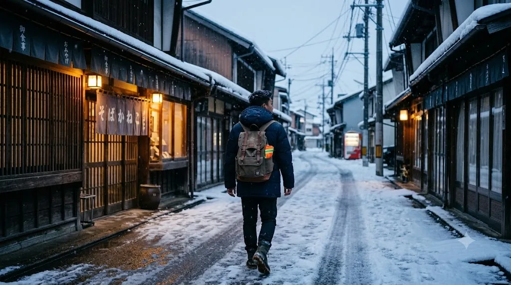 Berjalan di kota Jepang yang bersalju