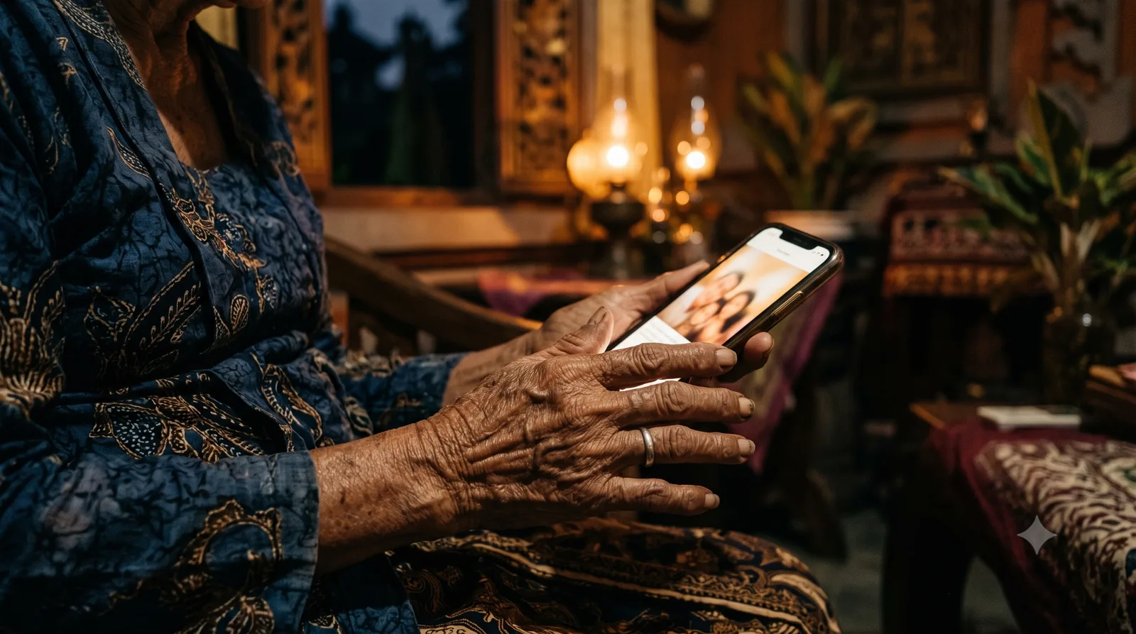 Tangan ibu memegang HP di rumah Bali